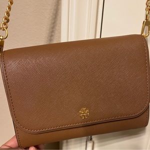 Tory Burch Emerson chain clutch crossbody brown